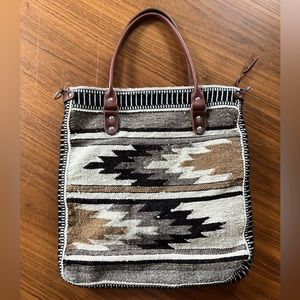 Custom wool tote bag with leather handles, strap, and pockets!